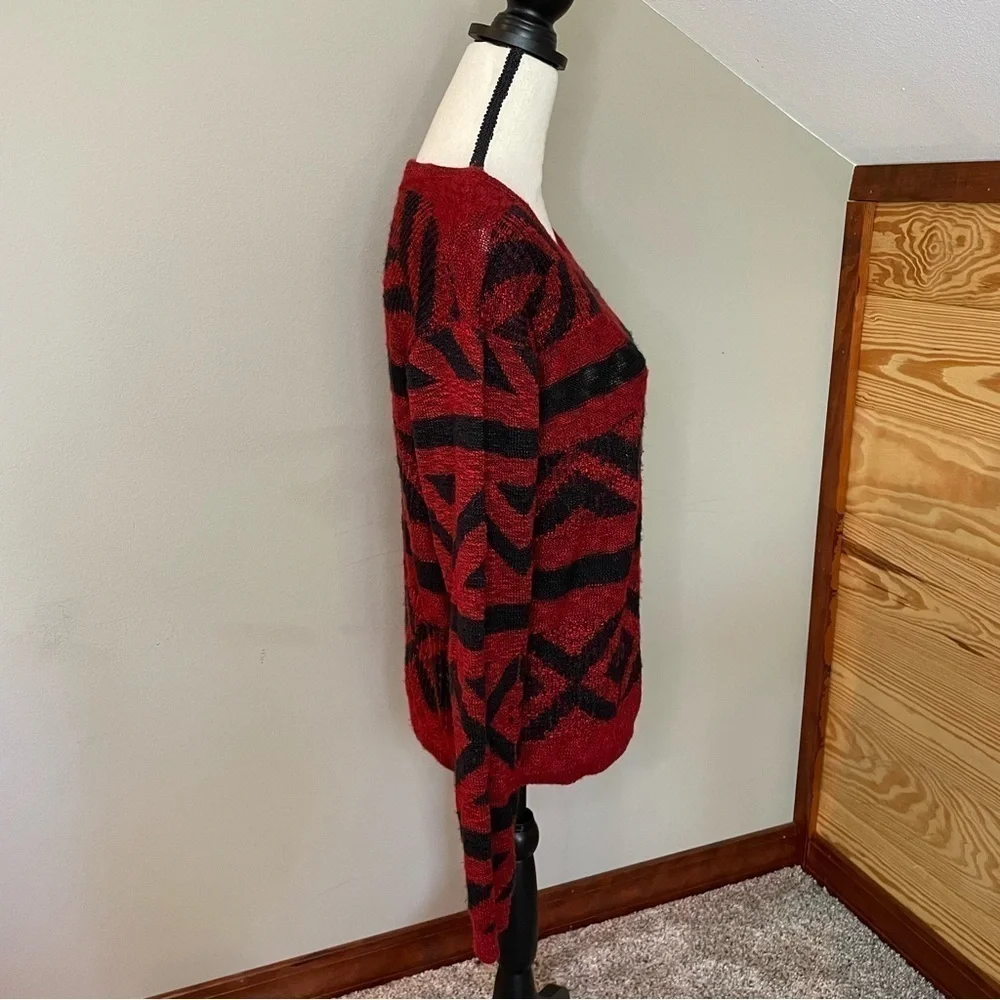 Forever 21 Red & Black Patterned Semi Sheer Sweater Large